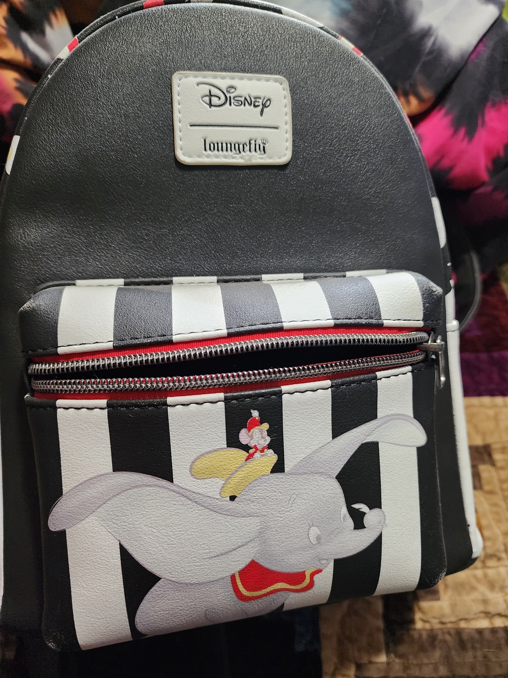 Loungefly Disney Dumbo Black White Striped Mini Backpack with Red Accents
